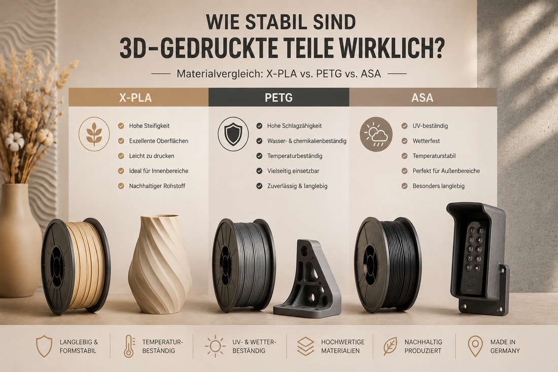 Wie stabil sind 3D-gedruckte Teile wirklich? Ein Materialvergleich von X-PLA, PETG und ASA